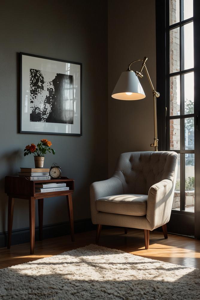 Stehlampe neben Homeoffice-Schreibtisch und Leseecke