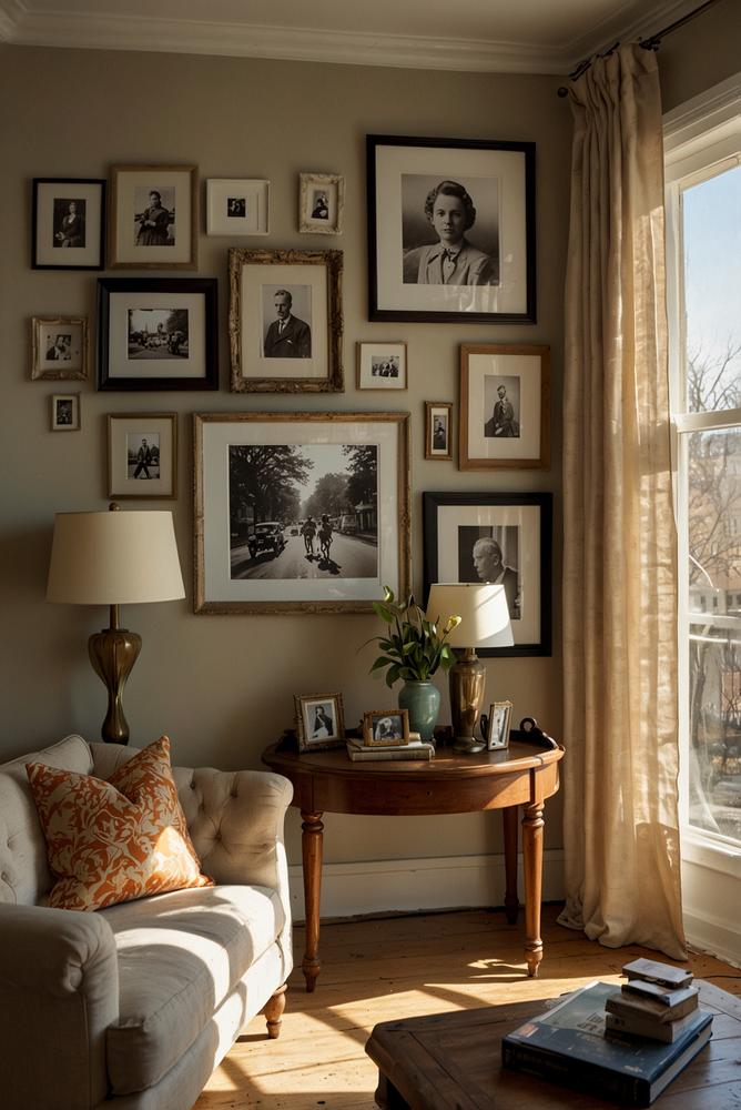 Helle Galeriewand aus Flohmarktfunden im Wohnzimmer