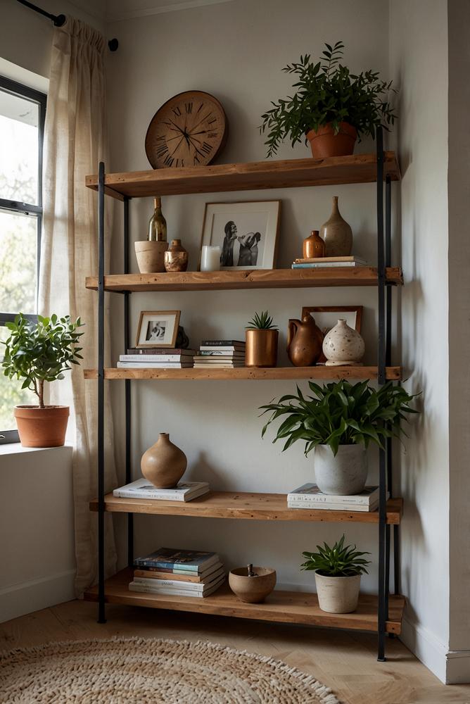 Offene Regale stilvoll dekoriert in hellem Raum