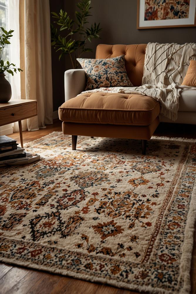 Heller Raum mit Kissen und Teppichen in stilvollem Textilmix