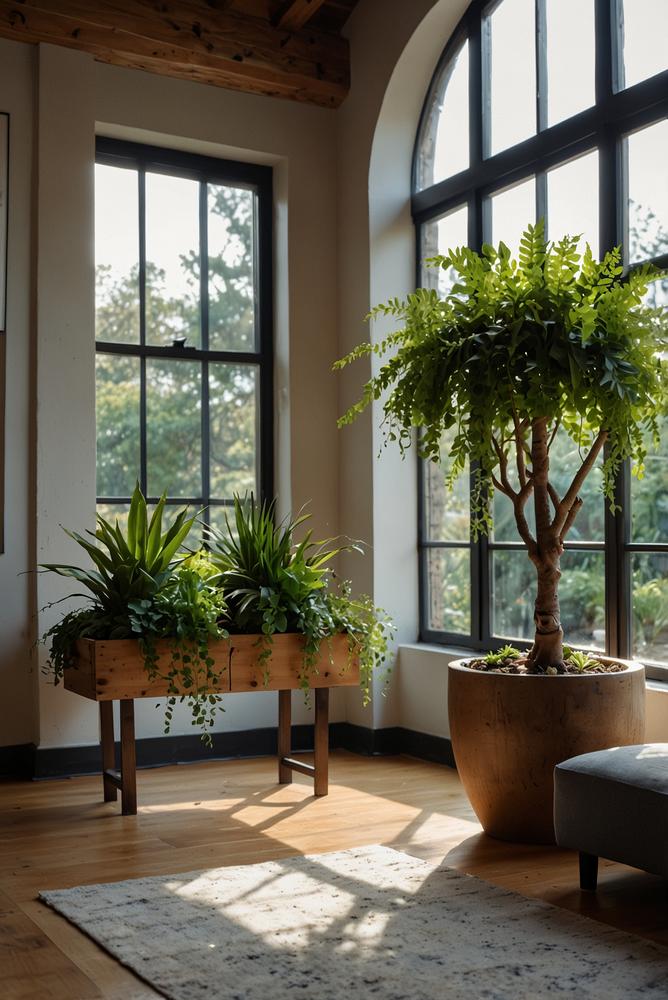 Helle, lichtdurchflutete grüne Pflanzeninsel im Wohnraum