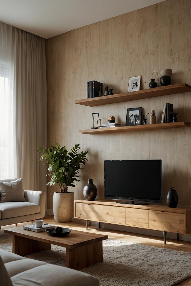 Helle moderne TV-Wand mit Lowboard und Wanddeko