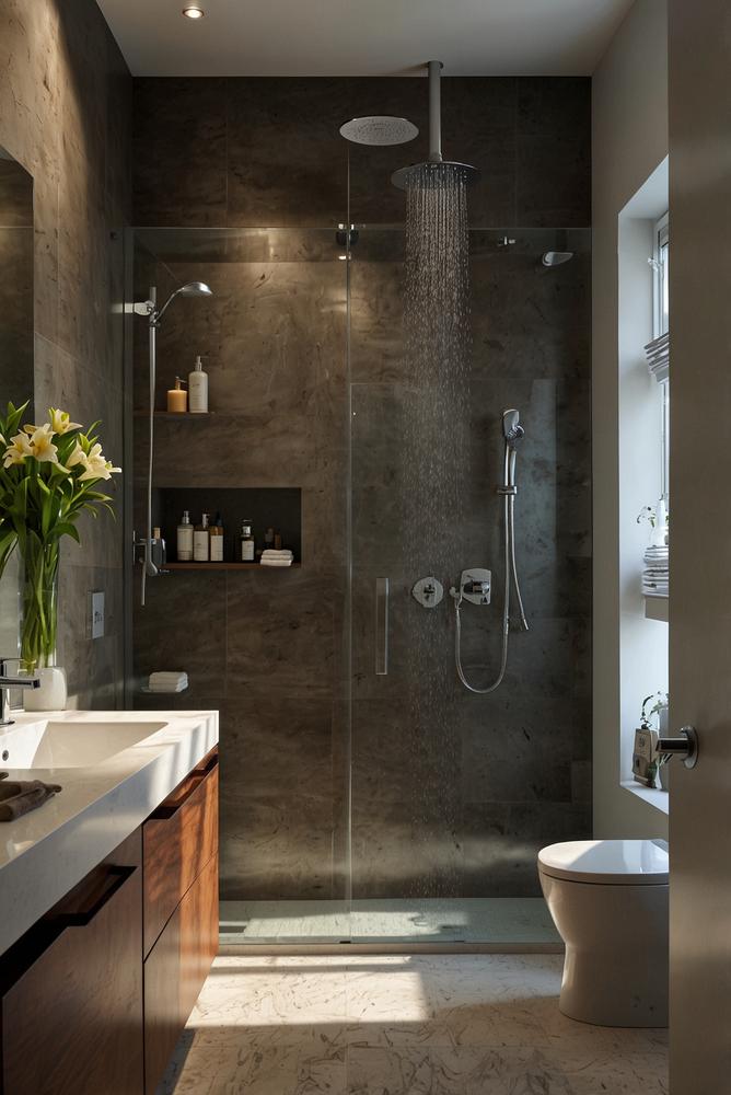 Modernes helles Badezimmer mit offener Glasdusche und Nischenregal