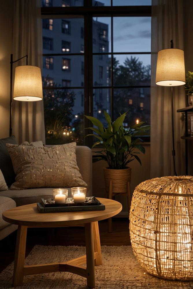 Helle, einladende Beleuchtung mit Lichterketten und Lampen