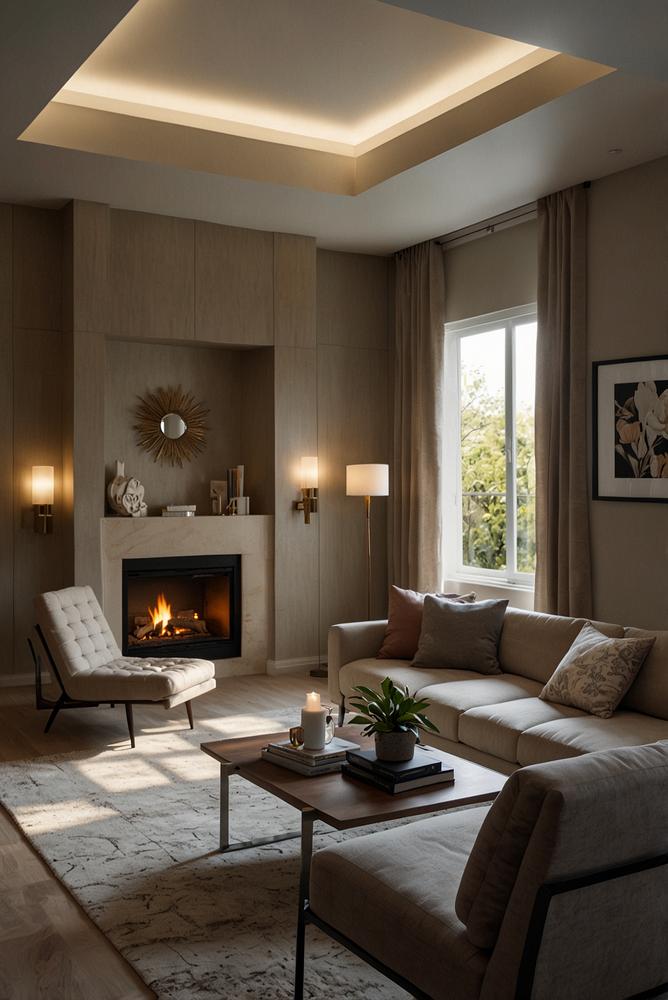 Hell beleuchteter moderner Wohnraum mit stimmungsvoller Beleuchtung