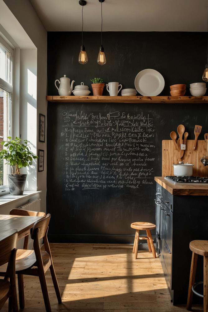 Helle Küche mit kreativer Tafelwand für Notizen und Kunst