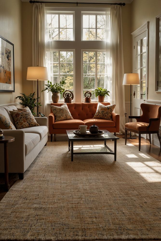 Wohnzimmer mit hellem Teppich und wohnlicher Atmosphäre