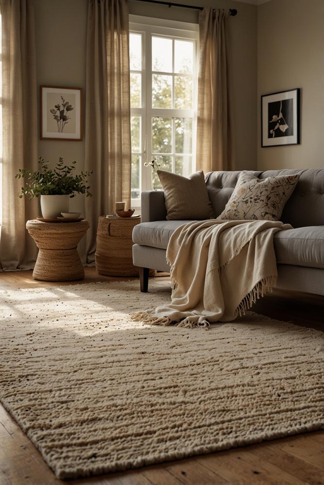 Helles Wohnzimmer mit Decken und Teppichen im Layering