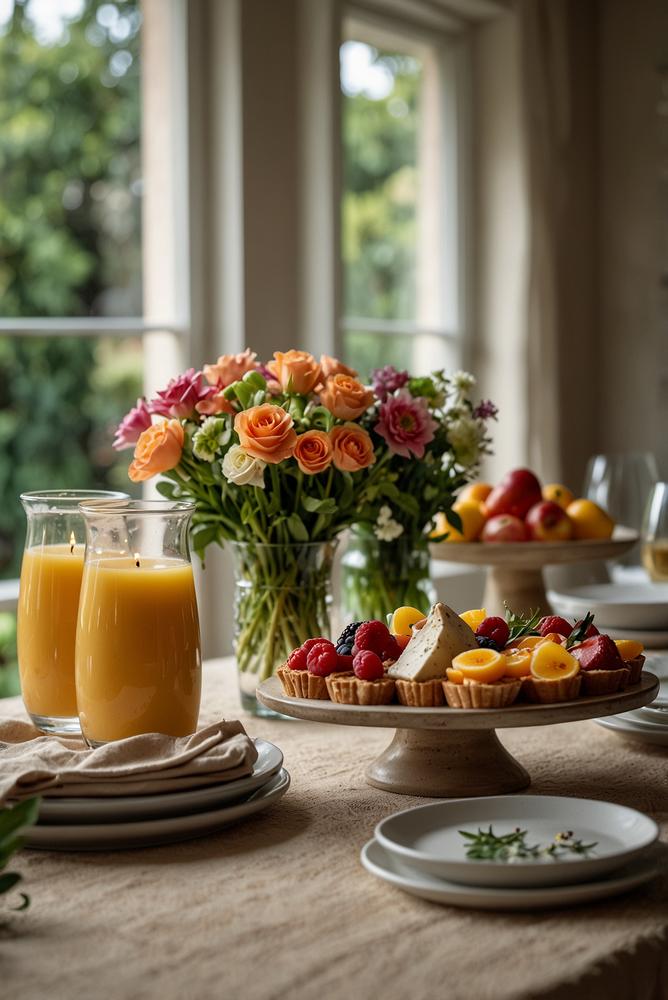 Helle, lichtdurchflutete Tischdeko für Brunch-Buffet