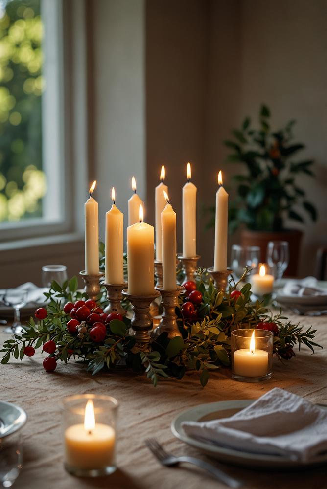 Helle Tischdeko mit Kerzen und Zweigen in sonnigem Raum