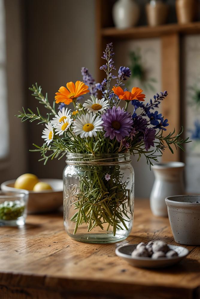 Tischdeko mit saisonalen Wildblumen und Kräutern, hell und freundlich