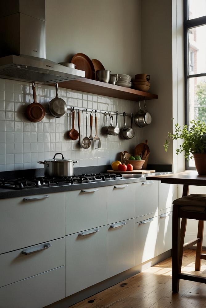 Helle Küche mit Topf- und Pfannenleiste an der Wand