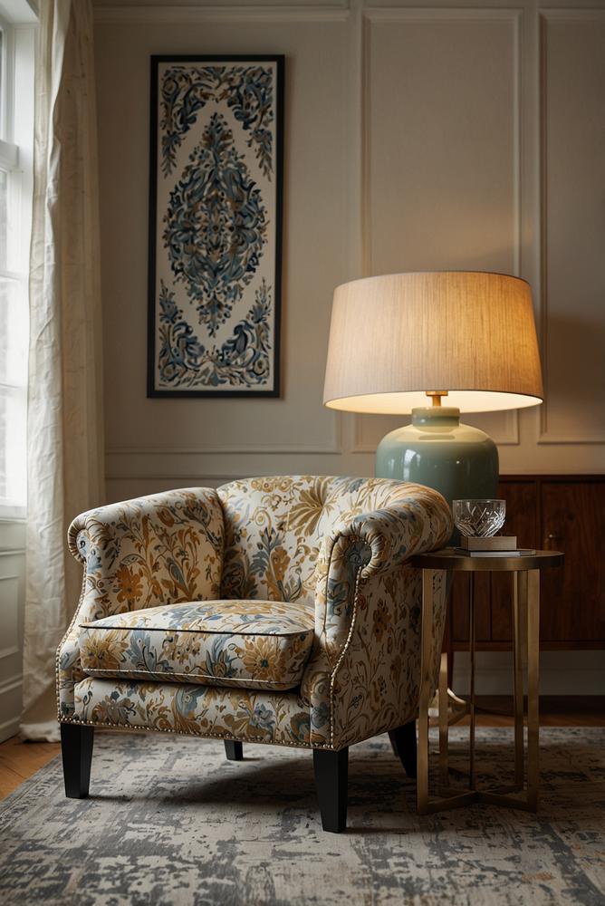 Modernes Wohnzimmer mit traditionellen Mustern und hellem Licht