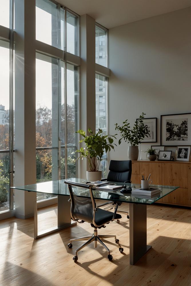 Helles Homeoffice mit transparenter Glas-Trennwand
