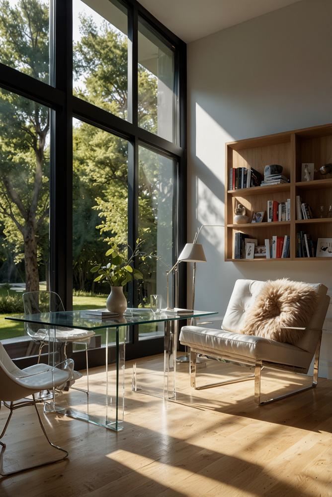 Heller Raum mit transparenten Möbeln und viel Sonnenlicht