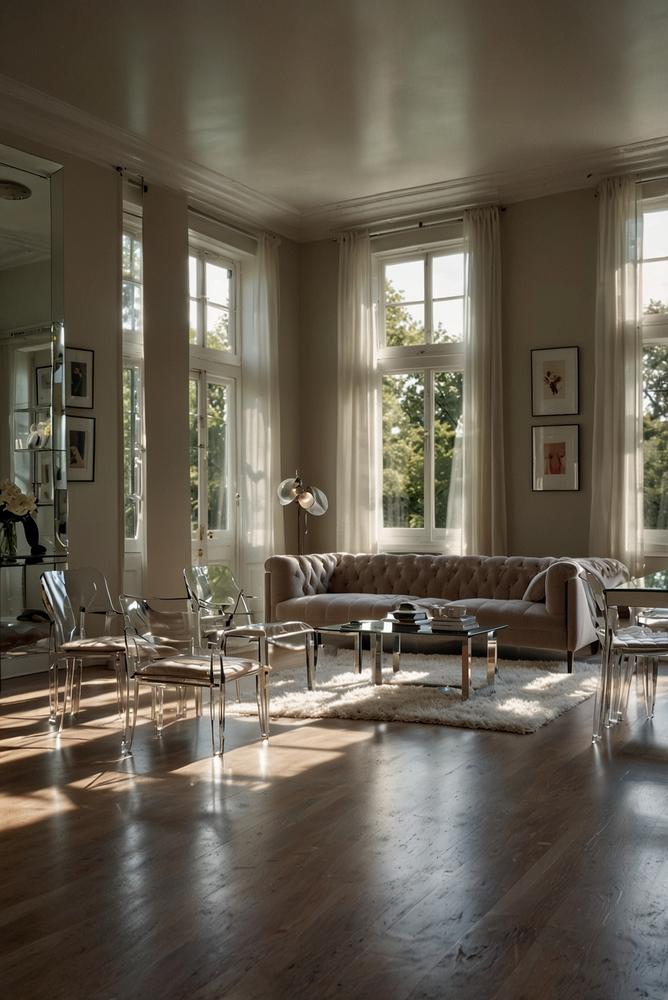 Helles Zimmer mit transparenten Möbeln und Glasflächen