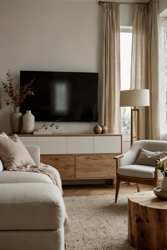 TV-Wand mit Akustikvorhängen und Kissen in modernem Wohnzimmer