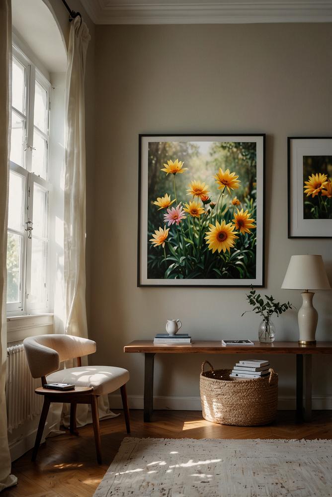 Helle, strukturierte und harmonische Bilderwand im Raum