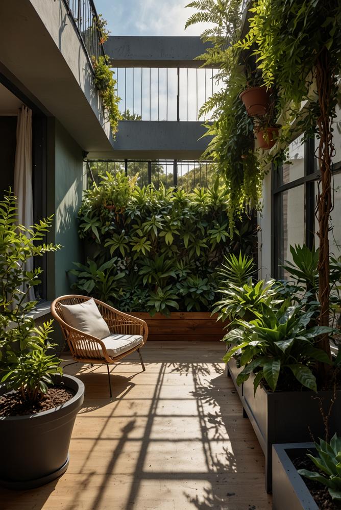 Lichtdurchfluteter Balkon mit üppiger Pflanzenwand