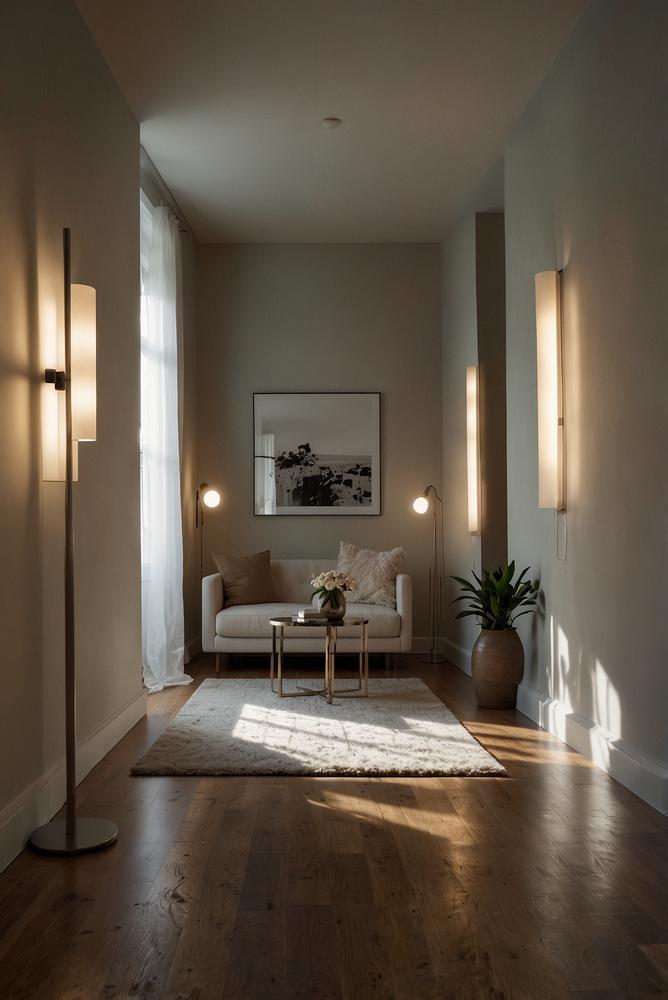 Heller kleiner Raum mit vertikaler Beleuchtung und Spiegeln