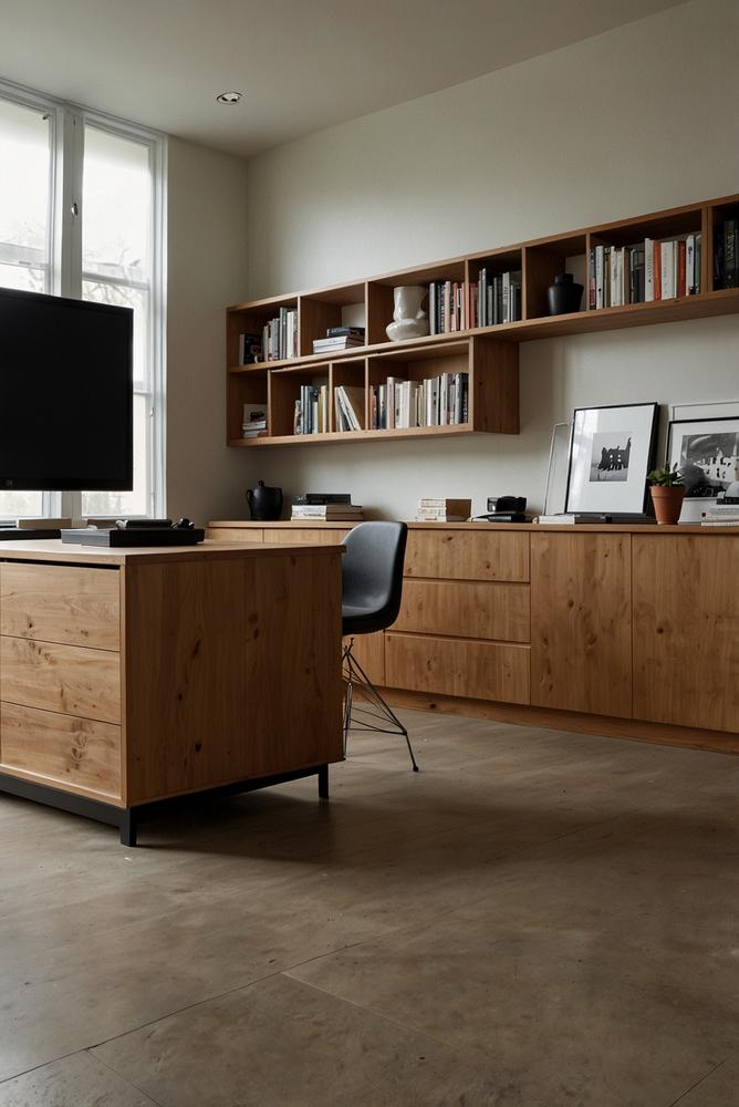 Helle vertikale Stauraumwaende in kleinem Raum