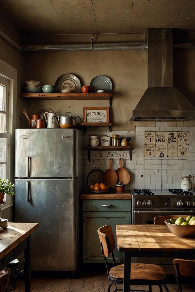 Vintage Blechschilder schmücken helle Küche rustikal