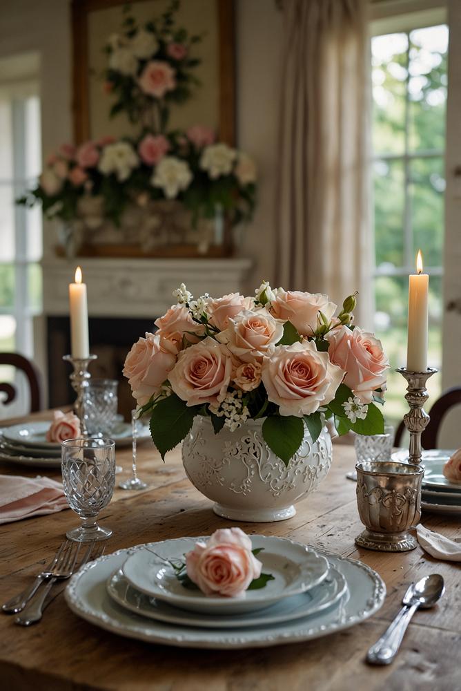 Vintage Tischdeko mit antiken Accessoires hell und einladend