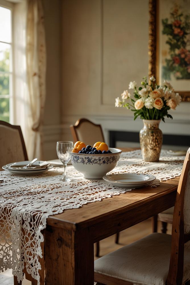 Vintage Tischdeko mit Spitzenläufer und Porzellan