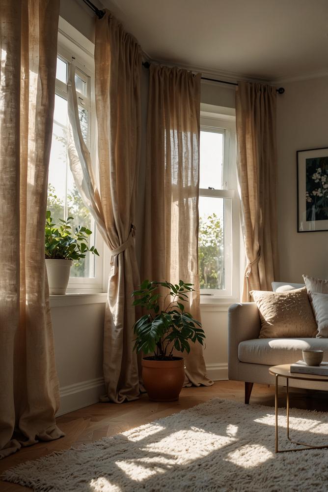 Helles Wohnzimmer mit gemütlichen Vorhängen und Fensterdeko