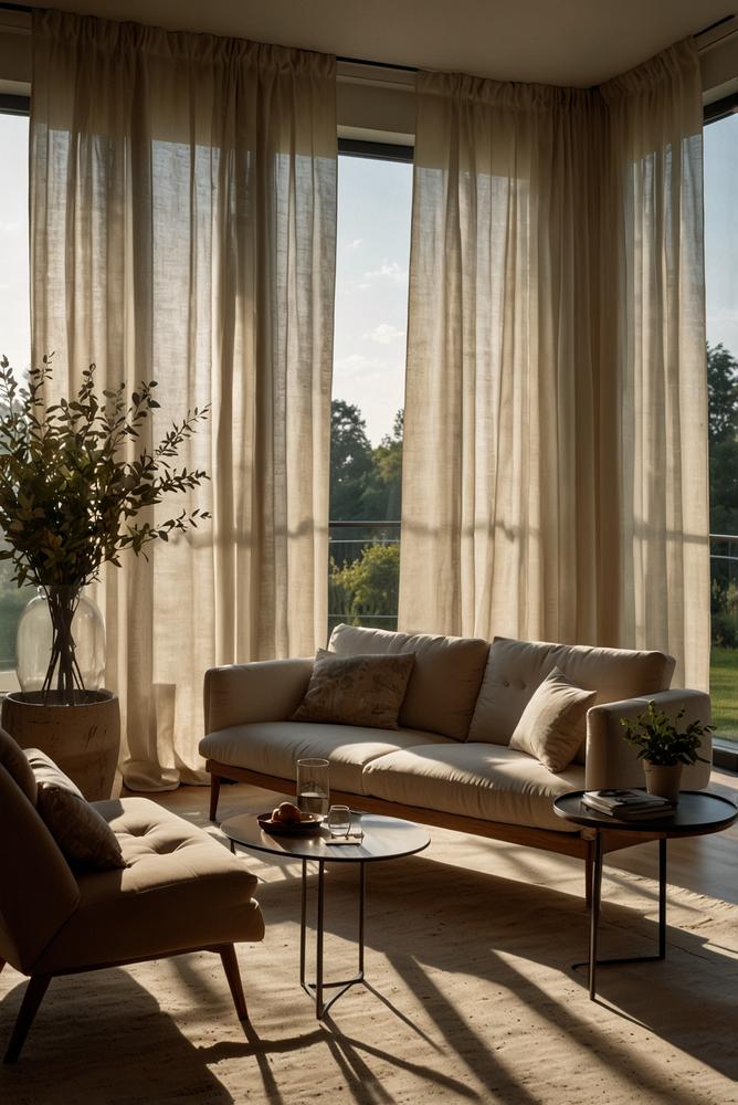 Helles Wohnzimmer mit transparenten Vorhängen als Raumteiler