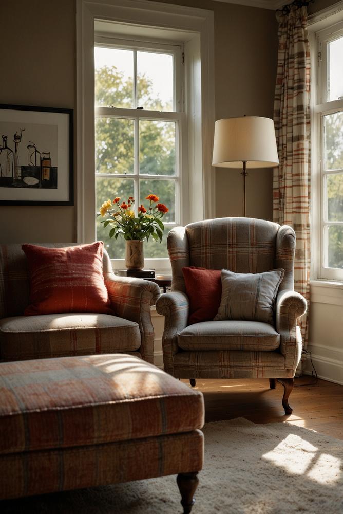 Gemütliche plaids auf sessel und sofa in hellem wohnzimmer