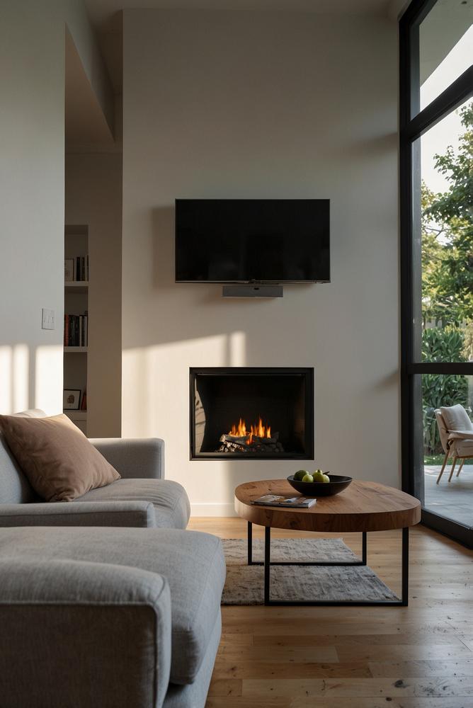 Heller kleiner Raum mit wandmontiertem Fernseher