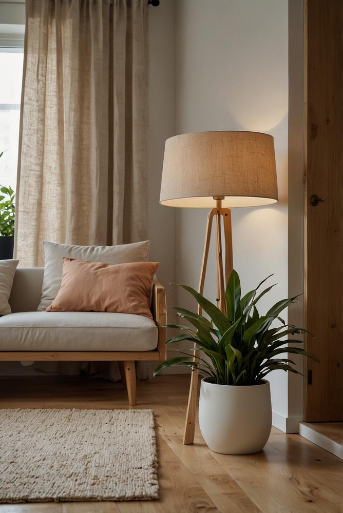 Helle Wohnraumaufnahme mit Holz-Stehlampe und warmem Licht