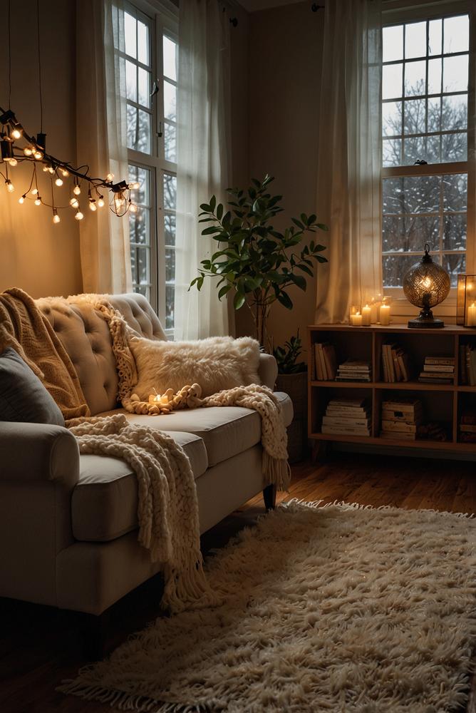 warme lampen und lichterketten im wohnzimmer