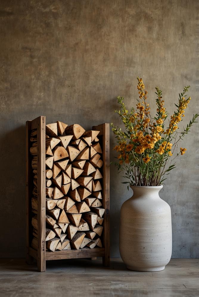 Gestapelte Kaminholz-Deko im hellen modernen Eingangsbereich