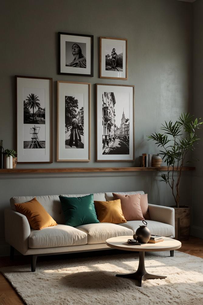 Wechselrahmen mit Postkarten und Skizzen an heller Wand