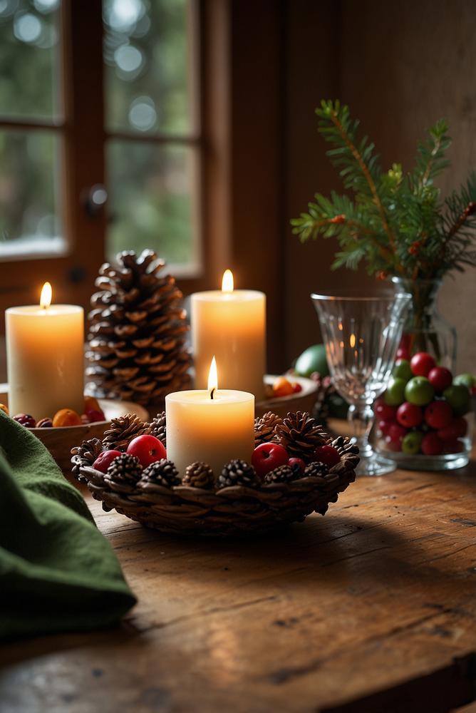 Festliche Weihnachts-Tischdeko mit Holz und Tannenzweigen