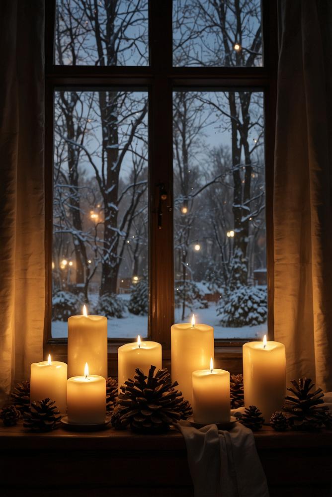 Helle Fensterdeko mit Kerzen und winterlicher Dekoration