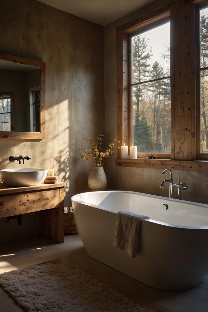 Gemütliches Badezimmer mit warmen Handtüchern und Kerzenlicht