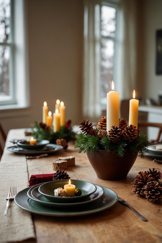 Saisonale winterliche Tischdekoration mit Kerzen und Naturmaterialien