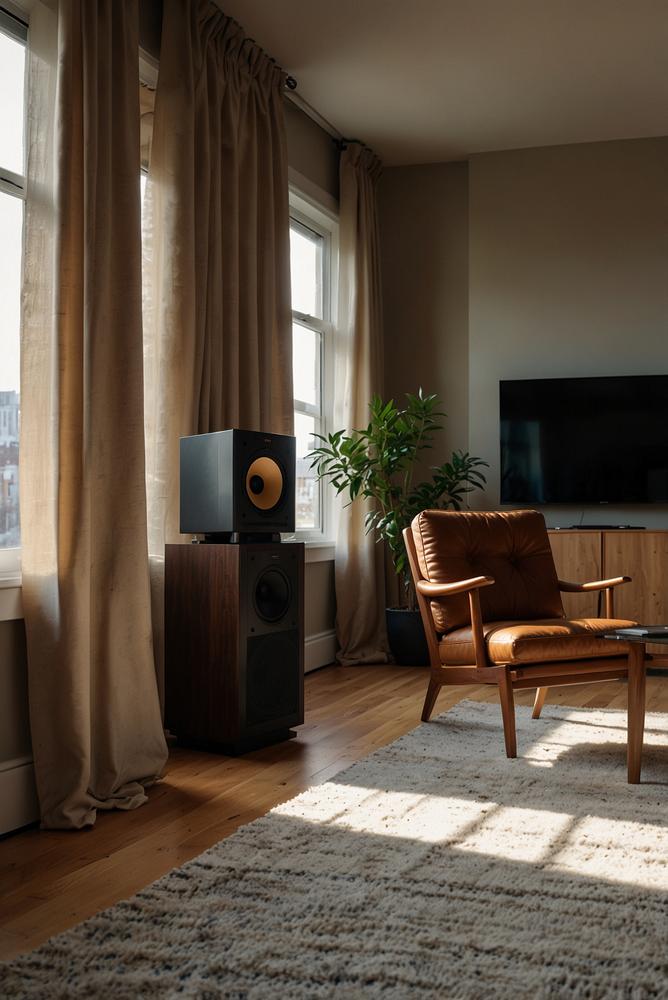 Moderne Musikanlage in hellem Wohnraum mit Wohlfühlatmosphäre