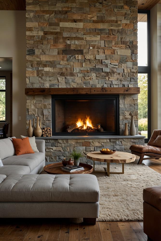 Modernes Wohnzimmer mit gemütlichem Kamin und warmem Licht