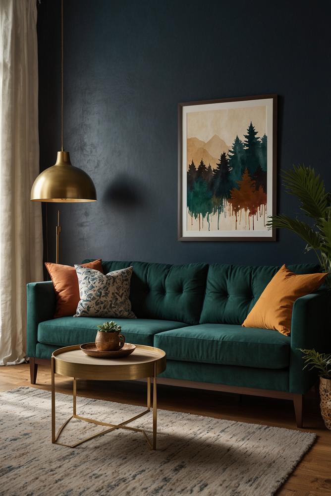 Wohnzimmer mit kräftiger Akzentwand und moderner Einrichtung