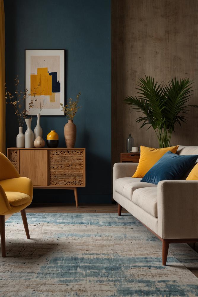 Helles Wohnzimmer mit Farbblockierung und moderner Einrichtung