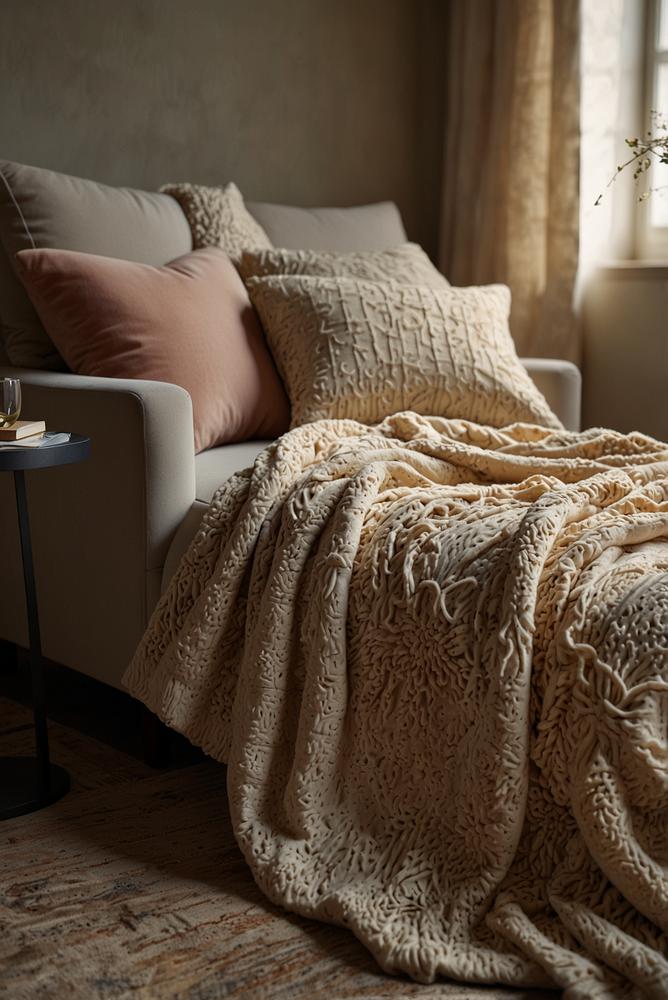 Gemütliches Wohnzimmer mit Samt, Leinen und Strickdecken