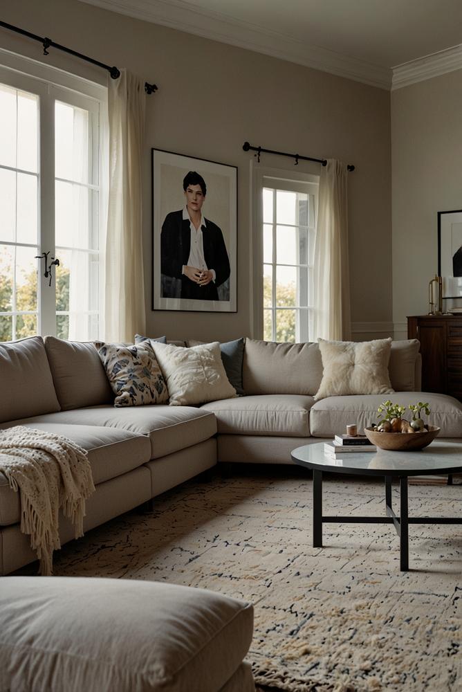 Große gemütliche Sofalandschaft mit Textilien im Wohnzimmer