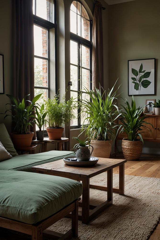 Helles Wohnzimmer mit grünen Zimmerpflanzen und Pflanzenbank