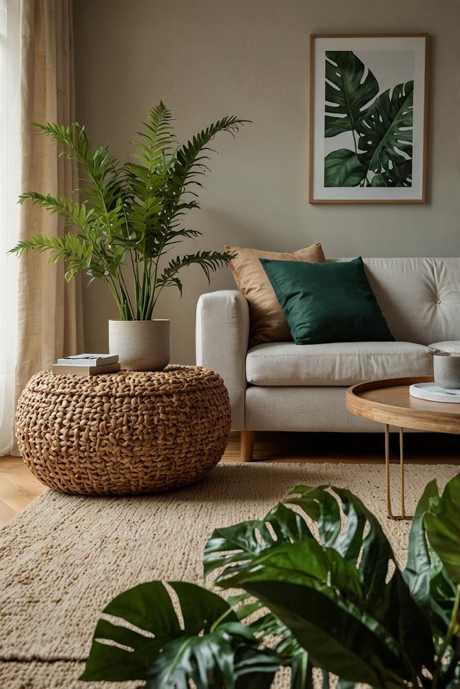 Helles Wohnzimmer mit Holz, Grün und echten Pflanzen