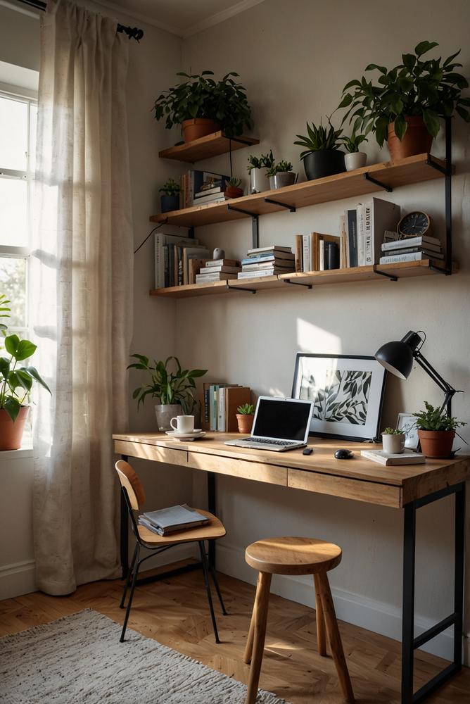 Hell beleuchtetes Wohnzimmer mit klappbarem Schreibtisch