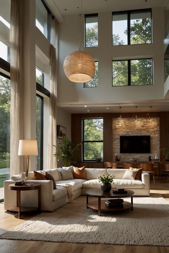 Minimalistisches Wohnzimmer mit Holz und hellem Licht